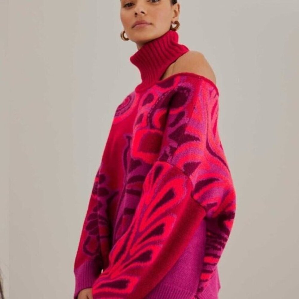 Farm Rio Vibrant Floral Cable Knit Sweater • Pink Botanical Print • Size M - Picture 4 of 8